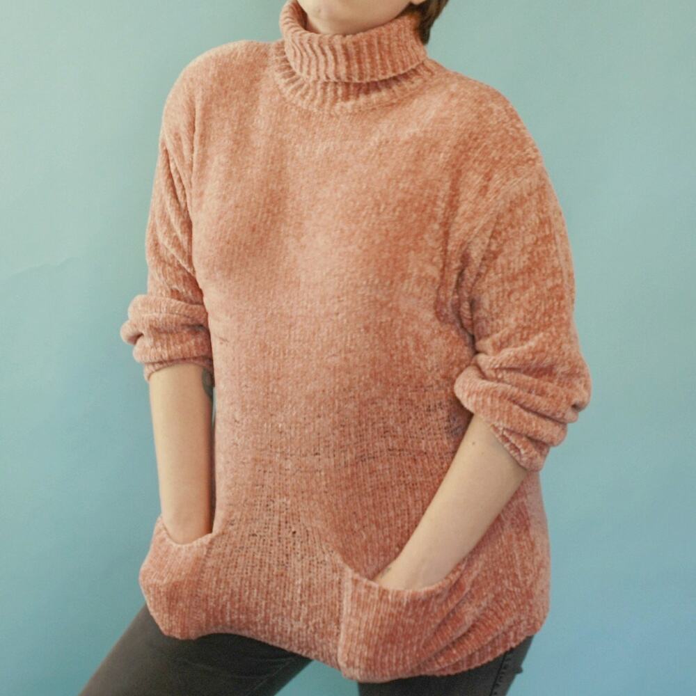 Partially sheer fuzzy pink turtleneck